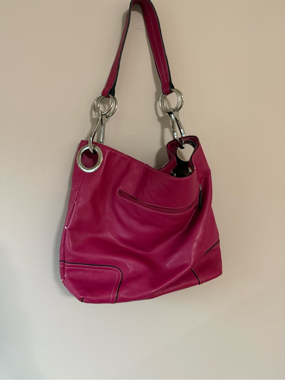 Fuchsia Leather Shoulder Bag with Silver Ring Accents